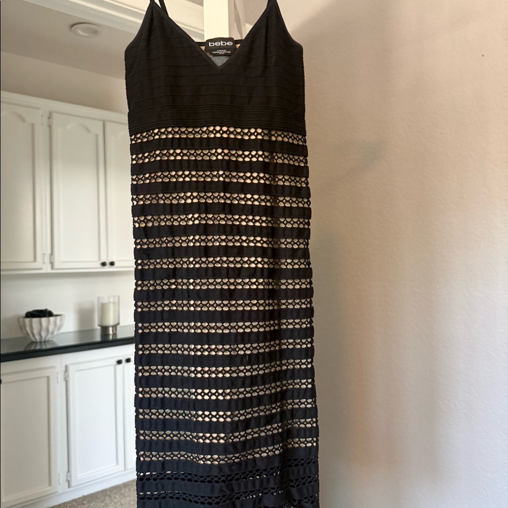 bebe Black Cutout Crochet Bandage Midi Dress Made in USA
